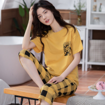 Can wear pajamas womens summer thin casual cotton two-piece suit Short-sleeved three-point pants summer shorts womens home clothes