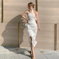 New temperament lotus leaf fish tail neck dress female summer new niche light luxury retro dress (March 3