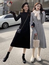Spring and Autumn Sweater Dress Long Knee Thickening Korean Drawstring Waist Slimming Undercut Knitted Dress Women