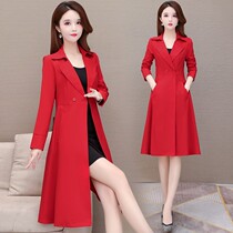 Red windbreaker womens autumn clothing 2021 new foreign style slim age age reduction long suit collar double-breasted casual coat