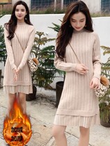Autumn and winter 2021 loose base knitted sweater skirt plus velvet padded medium length stitching semi-high collar dress women