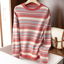 20 autumn and winter New round neck cardigan women knitted base shirt Korean rainbow striped sweater female high-end New
