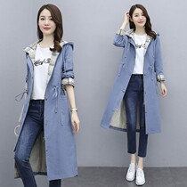 Trench coat womens long autumn wear 2021 new foreign style lace thin fashion high-end casual hooded coat tide