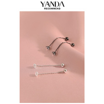 Yan 925 sterling silver flash Diamond zircon ear wire short style ins hip hop cool temperament black ball ear bone chain screw screw