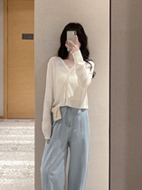 Miss K Lady Dress Homemade White Cardigan V Collar Spring Summer Stitch Cardigan Sweatshirt Micro commuter Single row Feel Thin Sunscreen