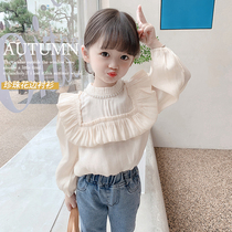 Girl White Shirt Spring Autumn 2022 New Children Han Edition Foreign Air Semi-High Collar Bottom Jersey Woman Baby Spring Dress Blouse