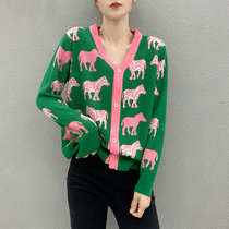 Early spring new 2022 net red sweater jacket cardio-hoodie woman spring green V collar crushed floras with little fragrant wind outside