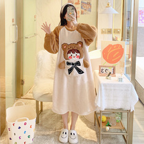 Korean version of nightgown women Spring and Autumn Winter coral velvet thick cute cartoon loose size long sleeve flannel pajamas