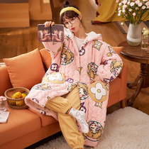 Pajamas women autumn and winter coral velvet plush thickened three layers of cotton cute cartoon long flannel nightgown set