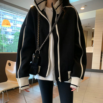 Black sports jacket jacket womens autumn winter spring and autumn baseball uniform hiphop European and American high street new 2022 explosion style
