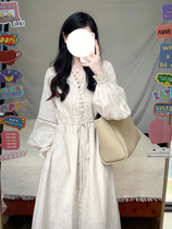 French vintage V-neck long sleeve cotton linen dress womens early autumn niche design linen skirt lantern sleeve long skirt