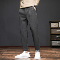 Mens woolen casual pants 2021 autumn and winter new trend loose straight pants plus velvet padded nine pants