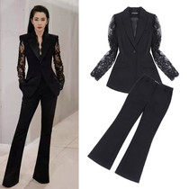 Li Bingbing star with the same womens small fragrance stitching lace slim suit suit womens flared pants OL two-piece set