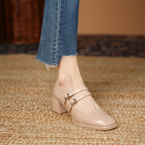 2022 New Nude Color High Heels Shoes Woman White Mary Rare Woman Retro Coarse Heel Single Shoes Womens Style Little Leather Shoes