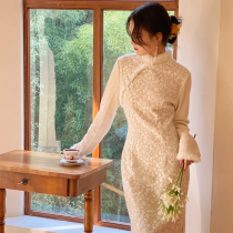 Wild camellia exquisite retro warm cheongsam white daily improved national style dress slim gentle wind autumn and winter
