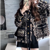 High-end lady Xiaoxiang style tassel coat womens spring and autumn 2022 new black woven tweed temperament top