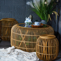 New Chinese woven small tea table rattan tea table and chair combination living room balcony bay window homestay simple casual coffee table