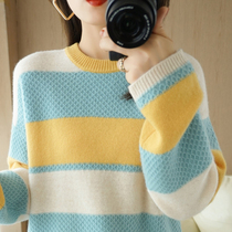 Striped sweater womens autumn winter round neck pullover loose knit wool sweater 100 pure wool 2021 cashmere sweater thickened