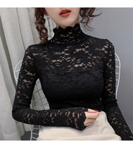 Semi-high collar lace base shirt women inside autumn and winter foreign air long sleeve slim body tight plus velvet thick black top women