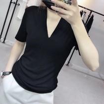 Pure cotton short-sleeved T-shirt womens bottoming shirt European station 2021 summer new black thin V-neck wild slim-fit top