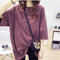  Solid color medium and long round neck short-sleeved T-shirt womens plus size womens 200 kg T-shirt meat top womens Korean loose