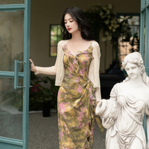 French vintage printing wood ear hanging dress with skinny fish tail dress with shawl sweater two sets daily