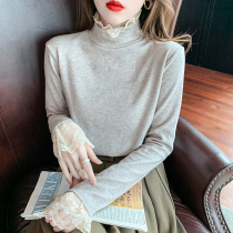 Temperament lace high neck base shirt female 2021 autumn and winter New Foreign style slim velvet T-shirt with long sleeve top