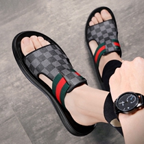 Cool Shoes Mens Summer Trends Outside Wearing Net Red Plaid Head Layer Bull Leather Lined With Casual Slippers Male Non-slip Deodorant