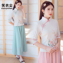 Tea artist clothing Womens Summer Chinese tea clothes Chinese style improved slim-fitting cheongsam-style Hanfu tops Ear-picking overalls
