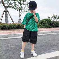 Boys summer suit new Korean version of foreign style personality overalls two-piece trendy big children summer sports letters
