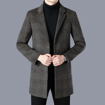 Mens double-sided windbreaker medium-length wool plaid coat Autumn and winter clothes middle-aged uncle wool coat