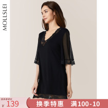 Sleepwear Womens Summer Ice Silk Thin Sexy Lace Short Sleeve Spring Autumdale Home Clothes Black Sleeping Dress Pure Desire