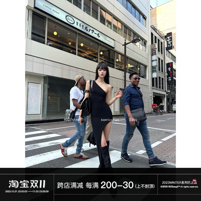 taobao agent 0122Stepll, underworld, Qianjin.com gauze dress female summer hot girl design feels black oblique shoulder high split long skirt