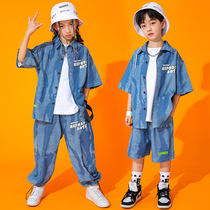 Childrens hip-hop hip-hop clothing suit Mens and womens summer denim short-sleeved hiphop jazz clothing hip-hop style performance clothing