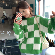  Autumn American retro checkerboard thick line knitwear Sweater female temperament light cooked style chic outer wear clothes ins