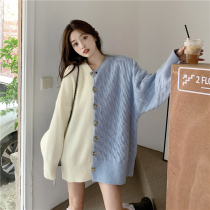 Large size womens fat sister mm autumn Korean loose lazy wind color color matching stitching twist knit long sleeve sweater tide