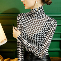 2021 autumn new high collar bright silk base shirt female mesh slim sexy plaid with foreign style long sleeve top