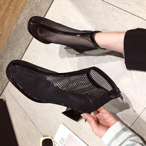 Net Red Lean Sandals Boots Hollowed-out Short Boots Spring Autumn 2022 New Coarse Heel Mesh Yarn High Heel Heels Zipped Roma Cool Boots