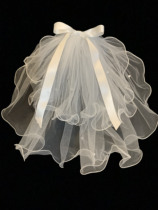 Childrens white short bridal wedding dress pearl veil double photography props parent-child photo Princess small veil headdress