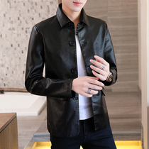 European station leather leather men Spring and Autumn Tide brand casual large size leather jacket Korean version of handsome lapel locomotive coat py