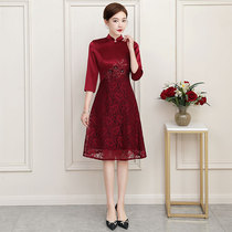 Wedding banquet mother dress high-end acetic acid satin waist nail beads fashion large size dress to participate in western wedding mother-in-law