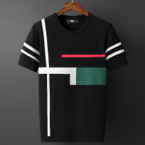 Ice silk knitted short-sleeved mens summer trend Korean version Jacquard stripe loose round neck pullover t-shirt thin base shirt
