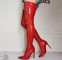 Spring Autumn Season New Thin Heel Side Zip High Heel Shoe Red Lacquered Leather Over Knee Long Boots Stretch Boots Big Code Womens Shoes