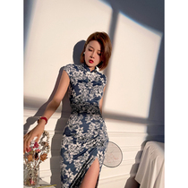 XULU original high-end crystal hemp yarn light luxury retro printing cheongsam summer sexy feminine side split dress