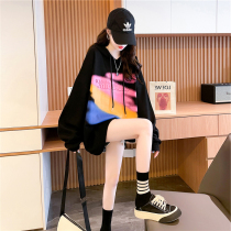 Large size womens clothing 2021 new fashion fat mm contrast color hooded sweater womens spring and autumn thin section design sense of medium-long top