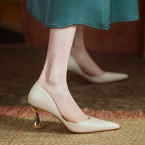 Givenivan simple and generous and stylish~Hollow pointed female metal heel beige high heel leather OL simple