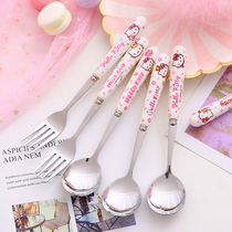 Childrens eating spoon Round head big spoon spoon long handle stainless steel fork Household creative cartoon cute single