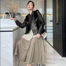 Hepburn goatskin women's short slim collar jacket coat 2021 winter new real leather mink fur