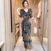 Love according to the beauty of the 2021 summer Imperial sister fan fashion women Net red print dress long skirt asymmetric hip