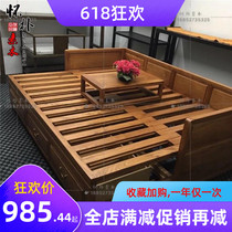 Elm paint-free Luohan bed solid wood Chinese multi-function with telescopic push-pull drawer double bed